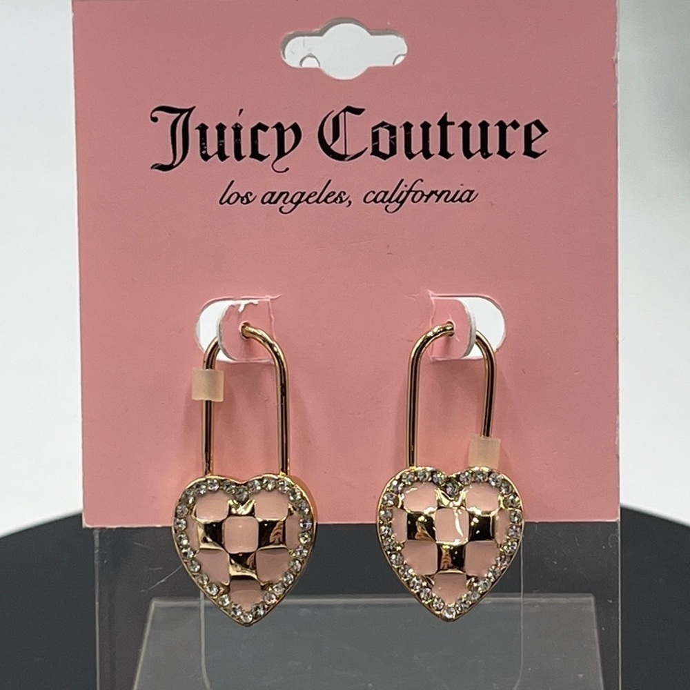 Juicy Couture Gold Tone Pink Enamel Checkered Heart Safety Pin Drop Earrings NWT